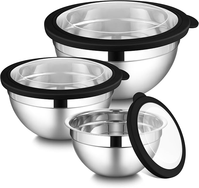 LIANYU Mixing Bowls Sets of 3, Stainless Steel Metal Bowl for Kitchen | Large and Small Size 4.6 & 3 & 1.5QT, Nesting and Stackable, Include Airtight Lids, Dishwasher & Freezer Safe, Black