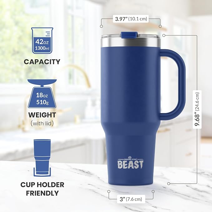 Beast 42 oz Tumbler with Handle Stainless Steel Vacuum Insulated Coffee Ice Cup Double Wall Travel Flask (Royal Blue)