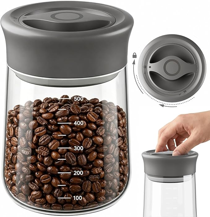 Airtight Glass Storage Jar 16 oz, Easy Open 1/4-Turn Lid Coffee Container | Easy-Open Quarter-Turn Lid, Airtight, Food Grade, Transparency, with Scale