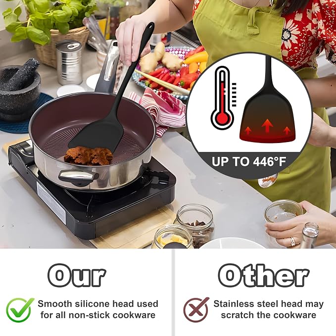 TeamFar Silicone Cooking Utensils Set, 5-Piece Kitchen Utensils Set | Heat Resistant Nonstick Slotted Solid Spoon Turner Pasta Server for Frying Serving Mixing, Non-Toxic & Dishwasher Safe, Black