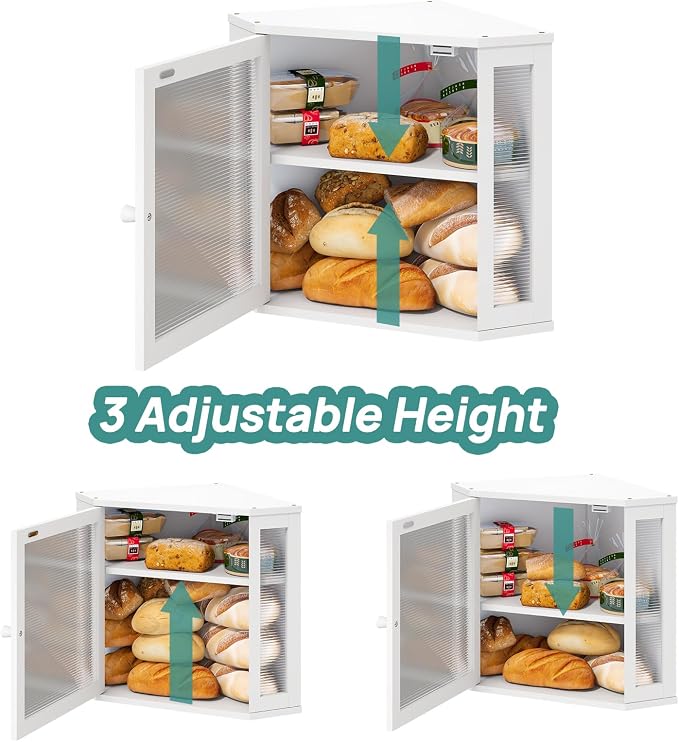 viewcare White Bread Box for Kitchen Counter, Bamboo Wood Large Capacity Bread Storage Bin with Acrylic Wavy Door Panel (White, Meduim)