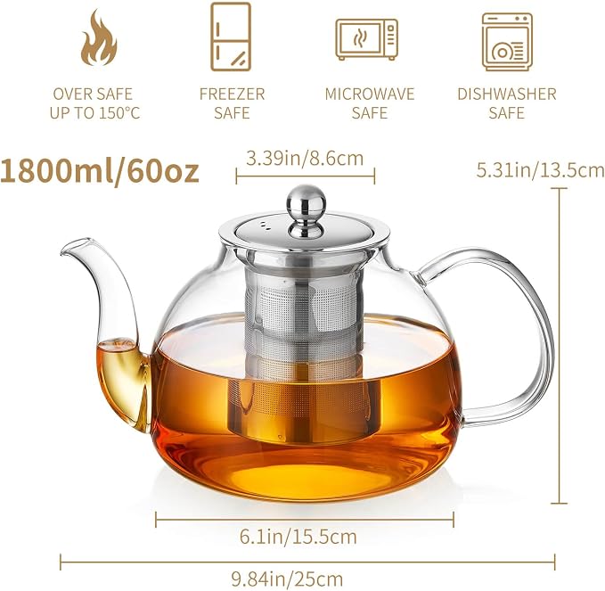 DOPUDO Glass Teapot with Infuser 60OZ (1800ml) Stovetop Safe, Clear Glass Tea Pot Kettle, Borosilicate Tea Pot with Infusers Filter for Loose Tea, Tea Kettle Dishwasher Safe