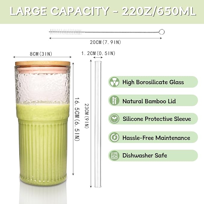 ANOTION 2Pcs 22 oz Iced Coffee Cups Drinking Glasses Iced Coffee Cup | Reusable Smoothie Cup Glass Tumbler Water Glasses Ribbed Glassware