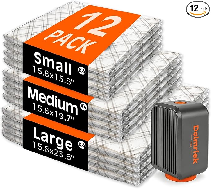 12-Pack Vacuum Seal Bags for Clothing Travel with Cordless Pump | Vacuum Storage Bags for Clothes with 4000Pa Suction, 2400mAh Rechargeable Pump, Carry-On Packing for Luggage and Suitcases