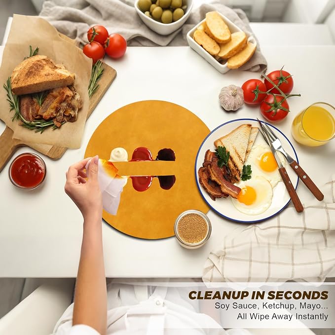 UnivoColors Placemats Round Faux Leather Placemats Set of 8-Waterproof-Wipe Clean-Heat Resistant-Anti Slip Dining Table Place Mats,Suitable for Indoor & Outdoor Use,15".Retro Yellow