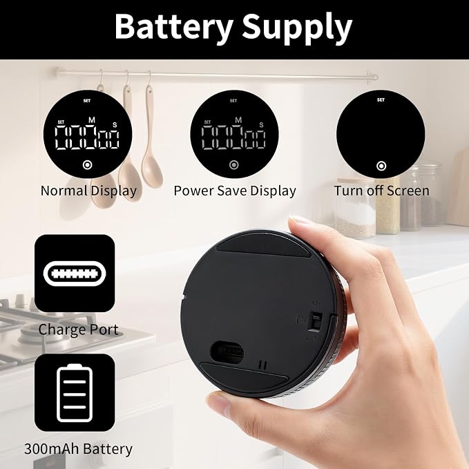 Digital Kitchen Timer, Magnetic Visual Countdown Countup Timer with Large LED Display, Adjustable Volume, Easy for Seniors and Kids, for Cooking, Classroom, Fitness, Study (Black)