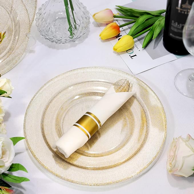 DaYammi 350Pcs Gold Glitter Dinnerware Set 50 Guest for Party Gold Plates Disposable - 50 Dinner Plate,50 Dessert Plate,50 Per Rolled Napkins with Gold Cutlery,50 Plastic Cups 9 OZ for Party Wedding