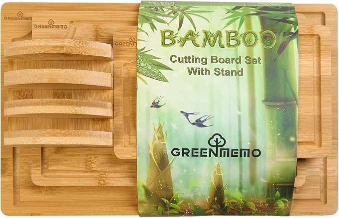Bamboo Cutting Boards for Kitchen, Wood Cutting Board with Holder, Bamboo Cutting Board Set Reversible with Juice Grooves for Meat Cheese Fruit and Vegetables (Four Piece Set)
