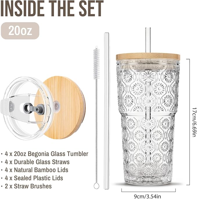 SoulTimes 20oz Begonia Flower Glass Tumbler with Bamboo Lid and Straw–Iced Coffee Glasses Cups for Smoothie, Matcha, Juice, Water etc. Leakproof and Reusable Glassware Drinking for Travel To Go [4Pcs]