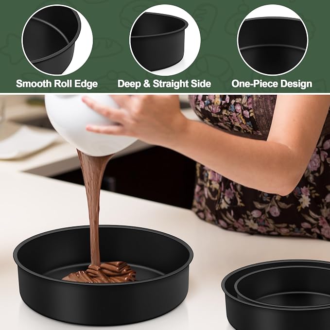 E-far Cake Pan Set of 3(6/8/9.5 Inch), Nonstick Stainless Steel Cake Pans | Round Baking Tins for Birthday/Wedding Layer Cakes, Stainless Steel Core & Non-toxic Coating, Straight Side & 2 Inch Deep