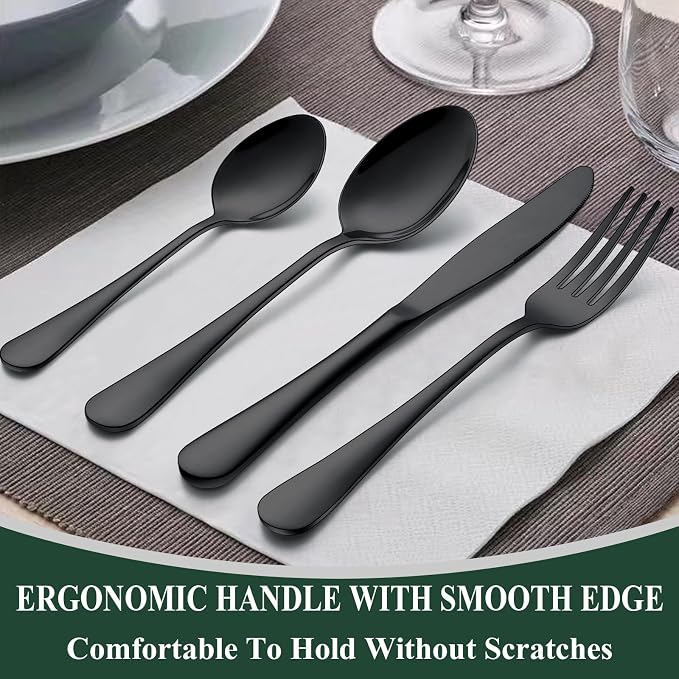 Wildone 60-Piece Black Silverware Set, Stainless Steel Flatware Cutlery Set Service for 12, Tableware Eating Utensils Include Knives/Forks/Spoons, Mirror Polished, Dishwasher Safe