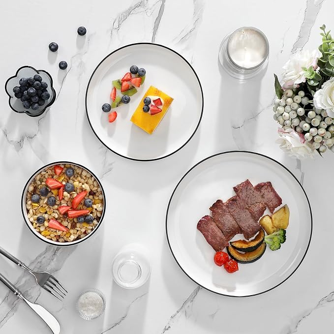 MALACASA 18 Pcs Porcelain Plates and Bowls Sets,Dinnerware Set for 6,White | Modern Ceramic Dishware Set,Kitchen Dining Ware,Microwave and Dishwasher Safe,Simple White with Black Trim Design,Series LUNA