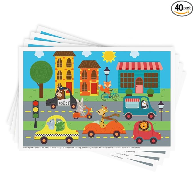 Babebay Disposable Stick-on Placemats 40 Pack for Baby & Kids & Toddler, Sticky Placemats Restaurant Table Mats 12" x 18" (Animals Driving Cars)