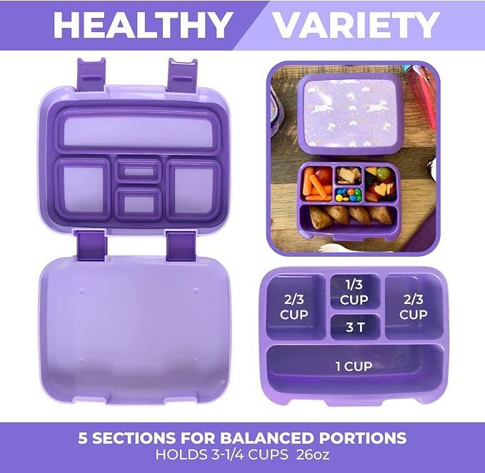 kinsho Bento Lunch Box Container for Kids, Girls Age 3 to 5, Purple Unicorn | 5 Portion Sections, BPA-Free Spill-Proof Leakproof Removable Plastic Tray, Snacks and Lunches for Toddlers Pre-School Daycare