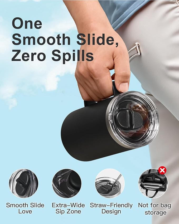 Insulated Travel Large Coffee Mug with Handle, Coffee Tumbler Cup 24oz | Detachable Lid for Thoroughly Clean, Thermal Cup with Double-Wall Stainless Steel Vacuum Insulation, Spill Proof & BPA Free