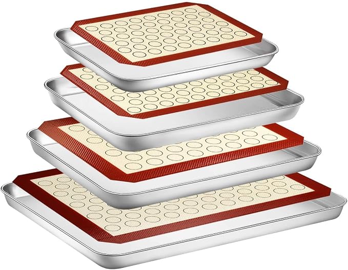 Baking Sheet with Silicone Baking Mat Set, Stainless Steel Cookie Sheet Pan | Baking Pans with Reusable Silicone Mats, Set of 8 (4 Sheets + 4 Mats), 9/10/12/16 inch, Non Toxic & Heavy Duty & Easy Clean