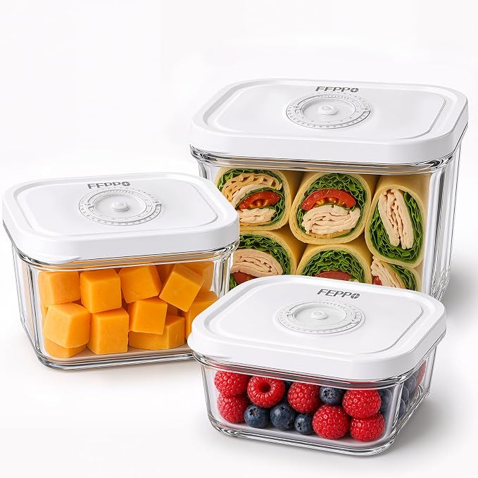 FEPPO Vacuum Sealers Containers for Food Storage, 3 Pcs Set [1* Small, 1* Medium, 1* Large] Works with Handheld Compact Vacuum Sealer Machine for Fridge, Freezer & Pantry, BPA-Free, Date Tracking Lid