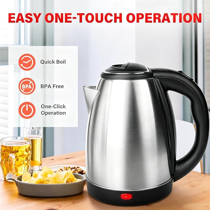 1.8L Stainless Steel Electric Kettle for Tea and Coffee, Silver | 1000W Rapid Boil Hot Water Kettle, Auto Shut-Off, One Touch Lid, 360°Swivel Base, BPA Free