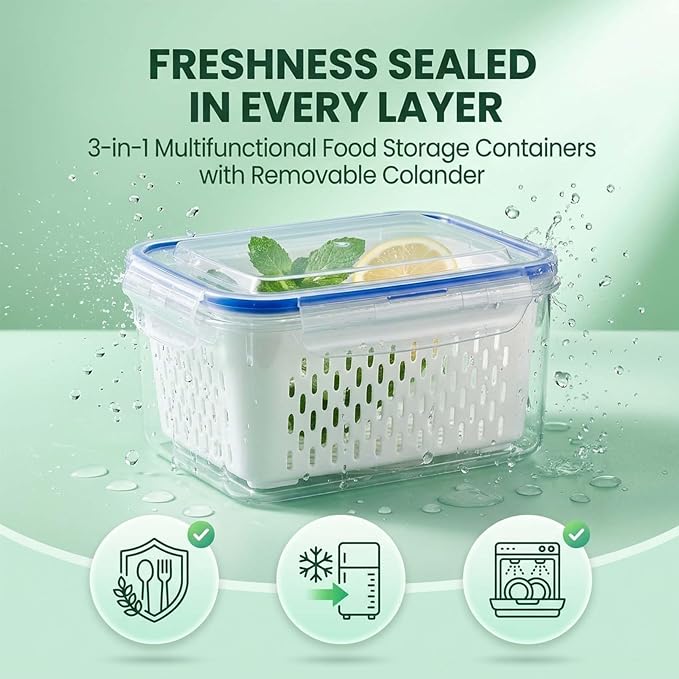 Fruit Storage Containers for Fridge with Removable Colander, Airtight Produce Storage Containers with Lids, Fridge Organizers and Storage for Berry, Fruit, Vegetables, Salad & Meal Prep (Gray, M)