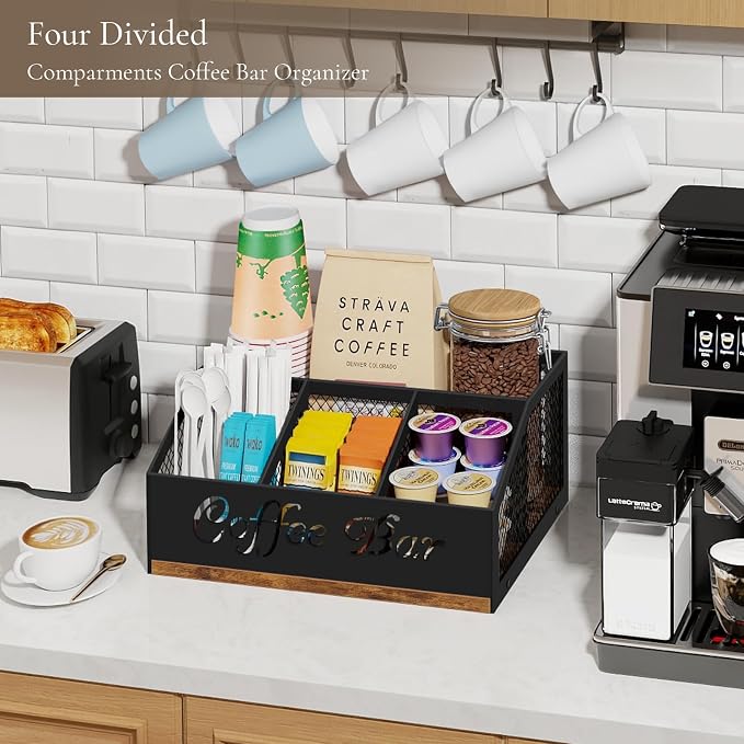Coffee Station Organizer for Countertop, Coffee Bar Organizer | Wooden Coffee Organizer Station , Cup Condiment Holder , Sugar Creamer Caddy with Mesh Compartments for Pods, K Cups, Stirrer