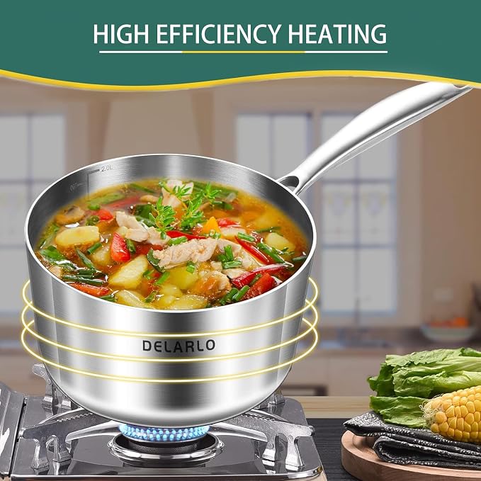DELARLO Full-body Clad Tri-Ply Stainless Steel 3 Quart Saucepan with Lid | Stainless Steel Pot Induction Cooking Sauce Pot Pan, Fast and Even Heat, Heavy Duty Saucier Cookware, PFOA&PTFE Free