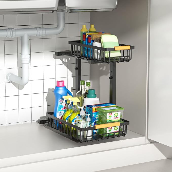 Merrylun Under Sink Organizers, 5 Adjustable Height,Metal Pull Out Under Sink Organizers and Storage Shelves with Sliding Drawer, Black 1pack（Hight 13.6″-16.9″）
