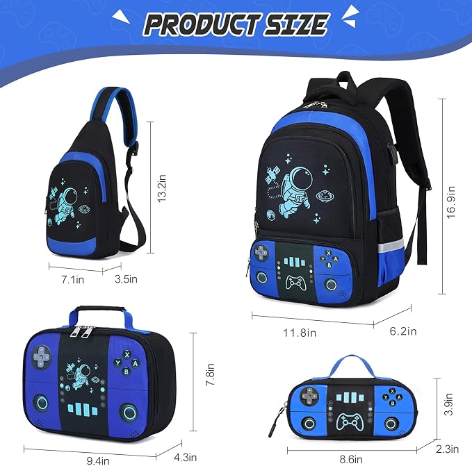 Backpack for School Boys, Cool Luminous Gamer Boys Schoolbag | with Lunch Box & Pencil Case Set for Kids Teens Elementary Middle School, Bookbag Glow In The Dark