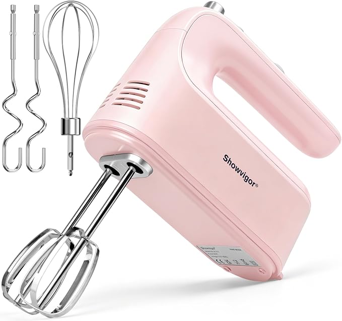Electric Hand Mixer, 300W Handheld Mixer with 5 Stainless Steel Accessories, 5 Adjustable Speeds + Turbo Boost & Self-Control, One-Button Eject, Food Beater for Cakes, Eggs, Dough (Pink)