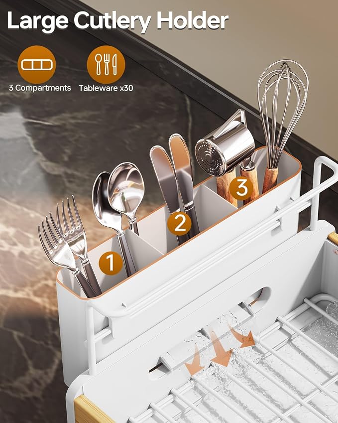 Urackify Modern Dish Rack for Kitchen Counter,Stainless Steel&Bamboo,White | Elegant Bamboo Accent, Large Capacity, Self-Draining Spout, Rust-Resistant, Removable Utensil Holder