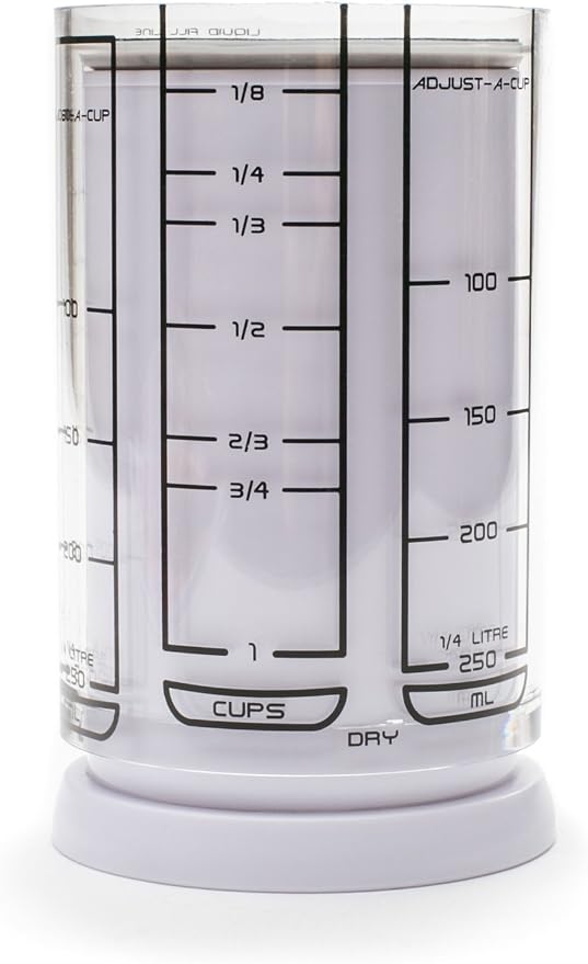KitchenArt 1 Cup Adjust-A-Cup, Plastic, White | Plunger Measuring Cup | Measures Between 1/8 Cup to 1 Cup | Includes Conversions | Kitchen Gadget | Measures Solids & Liquids