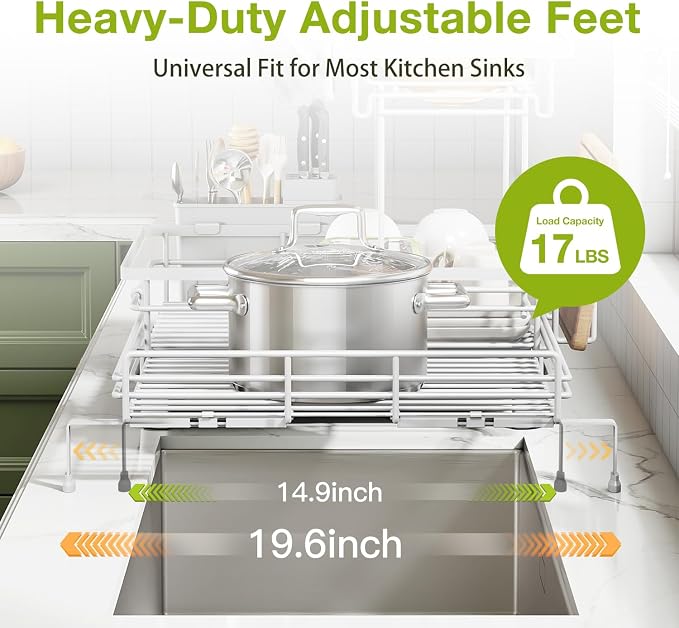 2-Tier Expandable Dish Drying Rack for Kitchen Counter, White | Large Capacity Dish Rack Organization, Heavy-Duty Carbon Steel, 17 lbs Capacity, Swivel Drain Spout & Cup Hooks
