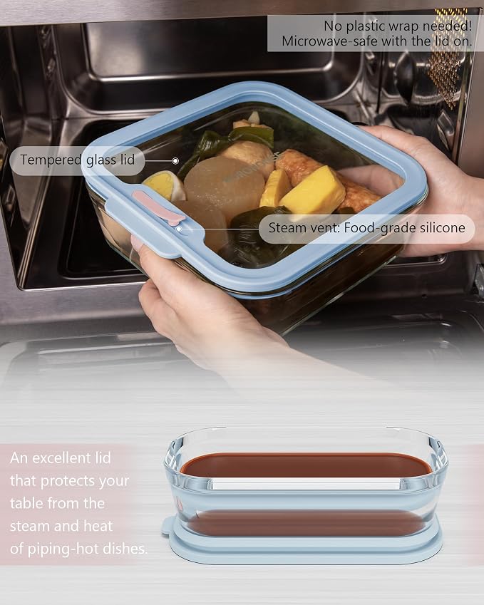 7-Pack Glass Food Storage Containers with Tempered Lids – Borosilicate, Airtight, Oven-Safe (-4°F~950°F), BPA-Free, 1Cup*4 & 2.3Cup*2 & 5.7Cup*1(Light blue)