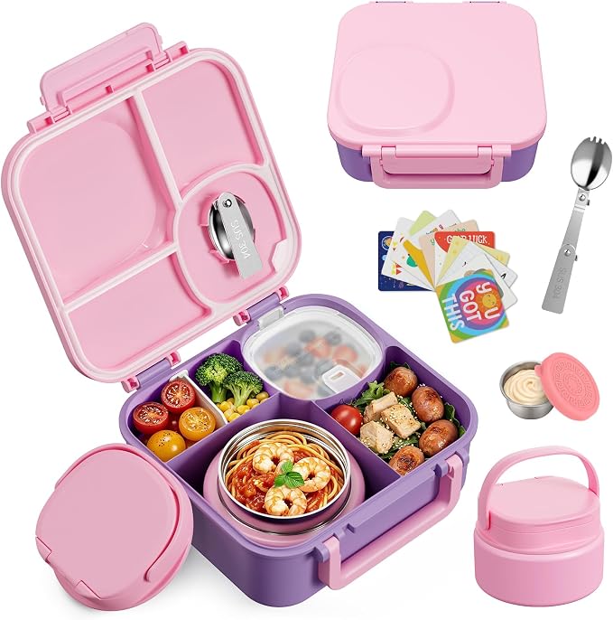 wiwens Kids Bento Lunch Box with Soup Thermo Food Lunch Container for Kid | 4 Compartment Leak-Proof Kids Lunch Box,9oz Stainless Steel Insulated Hot Food Jar,for Boys Girls Toddler to School Travel