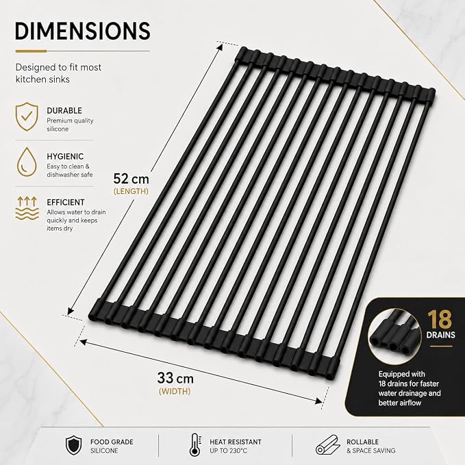 Roll Up Dish Drying Rack for Kitchen Sink, Silicone Wrapped Dish Drainer,Flodable Over Sink Drying Rack,Heat Resistant, Drain Mats, Space Saving, Multipurpose (Matte Black, Large)