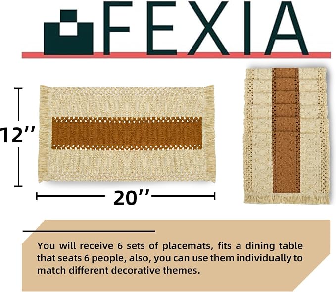 Boho Placemats Set of 6 Table Mats Farmhouse Dining Decor Caramel | 12x20" Place Mat Set of 4 Macrame Table Decor Farmhouse Burlap Placemats for Home Dining Table Centerpiece Home Decorations