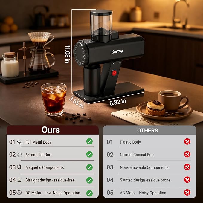 64mm Flat Burr Coffee Grinder with 35 Grind Settings Professional | Espresso Grinder Coffee Bean Grinder Electric with Magnetic Dosing Cup Quiet DC Motor for Pour Over, French Press, Cold Brew