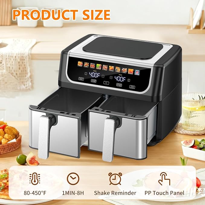 DUMOS 10-in-1 Air Fryer 9.5 QT, Large Airfryer with with 2 Independent Frying Baskets, Sync Finish & Match Cook, Shake Reminder, Wide Temperature 80-450°F, Roast Bake Defrost Dehydrate, Black