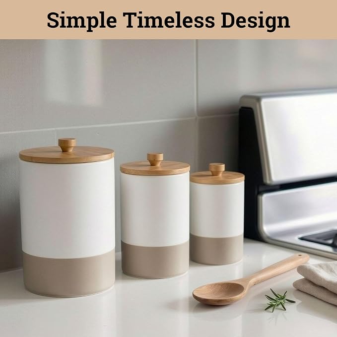 Ceramic Kitchen Canisters for Countertop Set of 3 w/Airtight Bamboo Lids | Thick Sturdy Ceramic, Matte Finish, Airtight Easy Open Bamboo Lids, Comfortable Bamboo Handles, Jar Volumes: 2, 1, 0.5 quarts