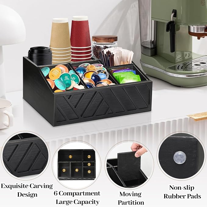 ugiftt Coffee Station Organizer for Counter, Wood Coffee Pods Holder Storage Basket, Tea Condiment Storage Organizer, Rustic Bar Decor for Accessories Organizer