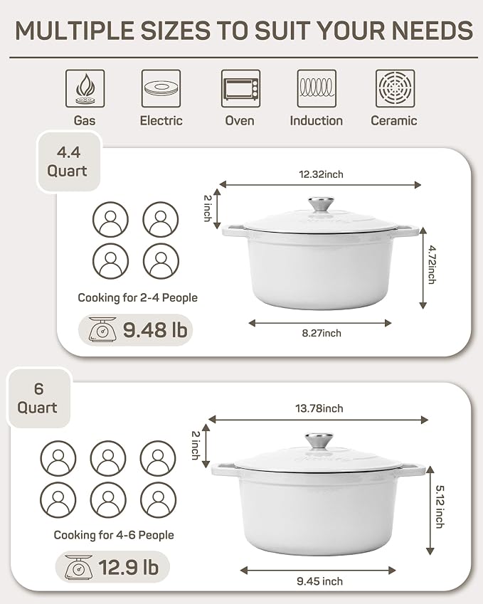6 QT Dutch Oven Pot with Lid, Enameled Cast Iron Dutch Oven for Bread Making, Braiser, Cooking, Dual Handles, Oven Safe up to 500° F or on Stovetop, Gifts for Family - Off White