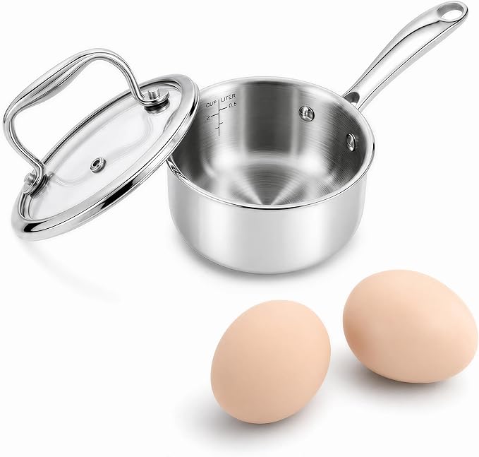 Mini Sauce Pan with Lid, Tri-Ply Stainless Steel Pot with Stay-Cool Handle & All Cooktop Compatibility (Gas, Ceramic, Electric) - 0.5 Quart