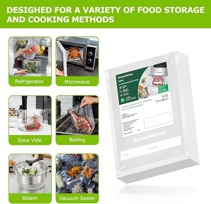 Bonsenkitchen Precut Vacuum Food Sealer Bags 100 Pint 6" x 10", BPA Free | Commercial Grade Textured Food Vacuum Sealer Bag, Thick Embossed Bags for Food Storage and Sous Vide Cooking
