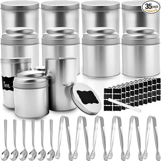 12 Pack Airtight Tea Tin Canisters Silver Metal Tea Storage Containers with Double Lids Includes 10 Labels 1 White Marker 6 Spoons and 6 Tongs for Loose Leaf Tea Coffee Sugar Spices, 2 Sizes