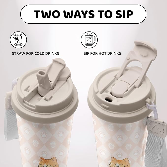 Cat Tumbler Stainless Steel 2-in-1 Lid Coffee Tumbler 18 oz Cat Lovers Insulated Travel Coffee Mug Cats Mom Gifts Water Bottle for Women Men Birthday Christmas