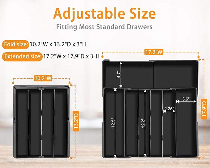 Silverware Organizer - Expandable Kitchen Drawer Organizer, 3" High Utensil Holder, BPA Free Flatware and Cutlery Tray for Spoons Forks Knives, Plastic Kitchen Organizer and Storage, Black