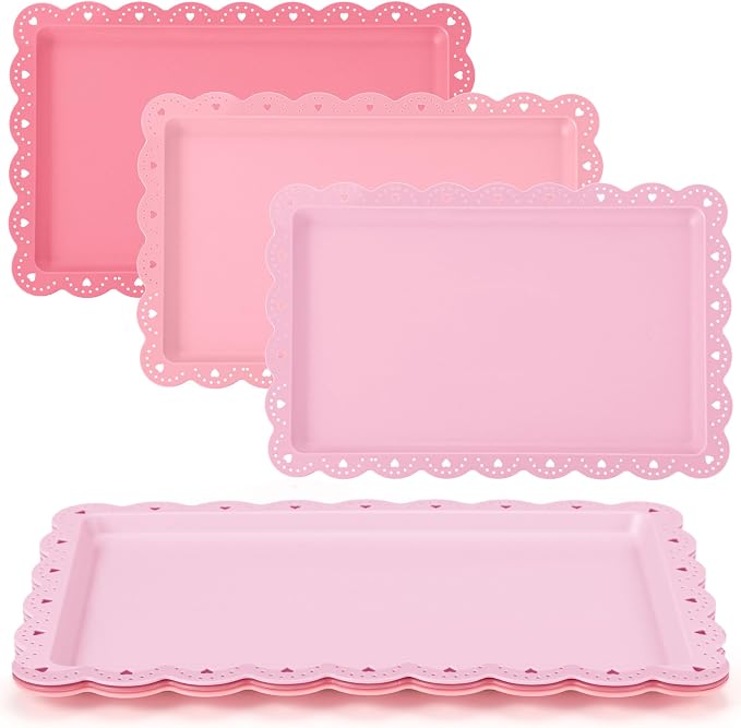 3 Pcs Pink Serving Trays Plastic Platters Dessert Cupcake Holder Party Supplies 14.4 x 9.3 Inches Rectangular Cookie Snack Display Tray for Wedding Restaurant