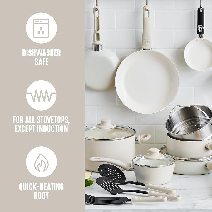 GreenLife 16 Piece Ceramic Nonstick Pots & Pans Cookware Set, Cream | PFAS-Free Nonstick Coating, Stockpot, Frying Pans, Saucepans, Sauté Pan, Stay-Cool Handles, Dishwasher & Oven Safe up to 350F