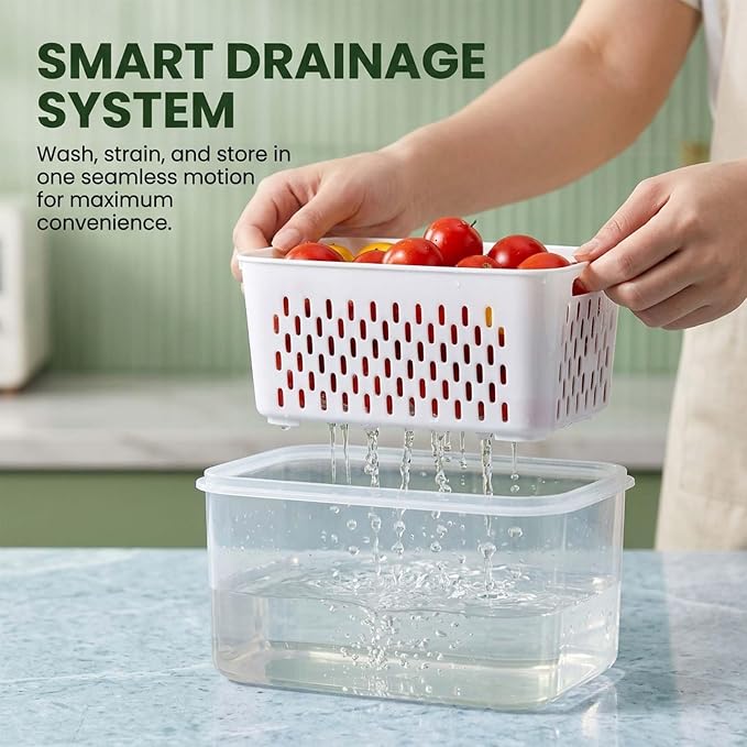 Fruit Storage Containers for Fridge with Removable Colander, Airtight Produce Storage Containers with Lids, Fridge Organizers and Storage for Berry, Fruit, Vegetables, Salad & Meal Prep (Blue, S+M+L)