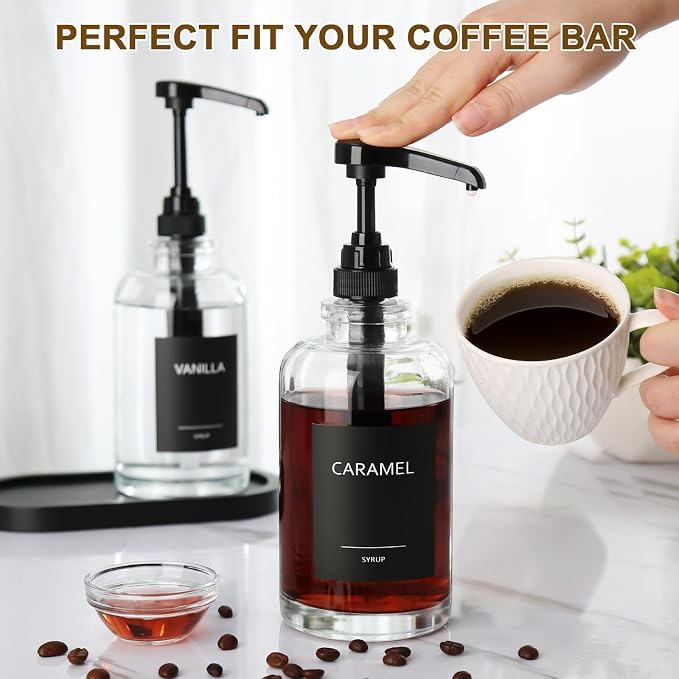 Coffee Syrup Dispenser for Coffee Bar, Glass Syrup Dispenser with 1/4oz Large Capacity Pump, Coffee Syrup Pump Dispenser for Coffee Station, 16.9 fl oz Maple Syrup Bottles for Coffee Bar Organizer