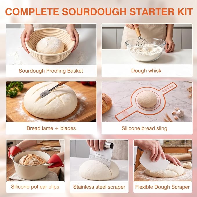 Enameled Cast Iron Dutch Oven Pot with Lid 5.5QT, Sourdough Bread Baking Supplies with Banneton Bread Proofing Basket Set & Starter Jar, Unique Dutch Oven for Bread Baking (Cream White)